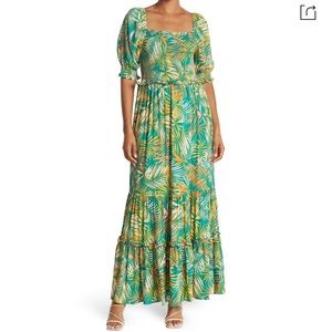 Betsey Johnson Raspberry Printed Maxi Dress in Pepper Green.